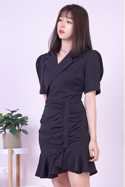 Fine Notch Collar Pleated Side Split Frill Hem Dress (Black)